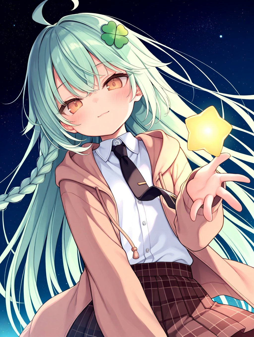 
rurudo,kedama milk,nana kagura, 
1girl,solo,very long hair,green hair,ahoge,bangs,hair ornament,four-leaf clover hair ornament,shirt,braid,brown eyes,long sleeves,jacket,white shirt,bow,dress shirt,open clothes,sleeves past wrists,necktie,collared shirt,hood,open jacket,black necktie,hooded jacket,brown jacket,hood down,plaid skirt,pleated skirt,skirt,brown skirt,plaid, light smile,looking at viewer,closed mouth,holding star,head tilt,reaching out, outdoors,night,sky,starry sky,night sky,star \(sky\),glowing,wind,wind lift, front view,upper body,close up, 
masterpiece, best quality, amazing quality, very aesthetic, absurdres