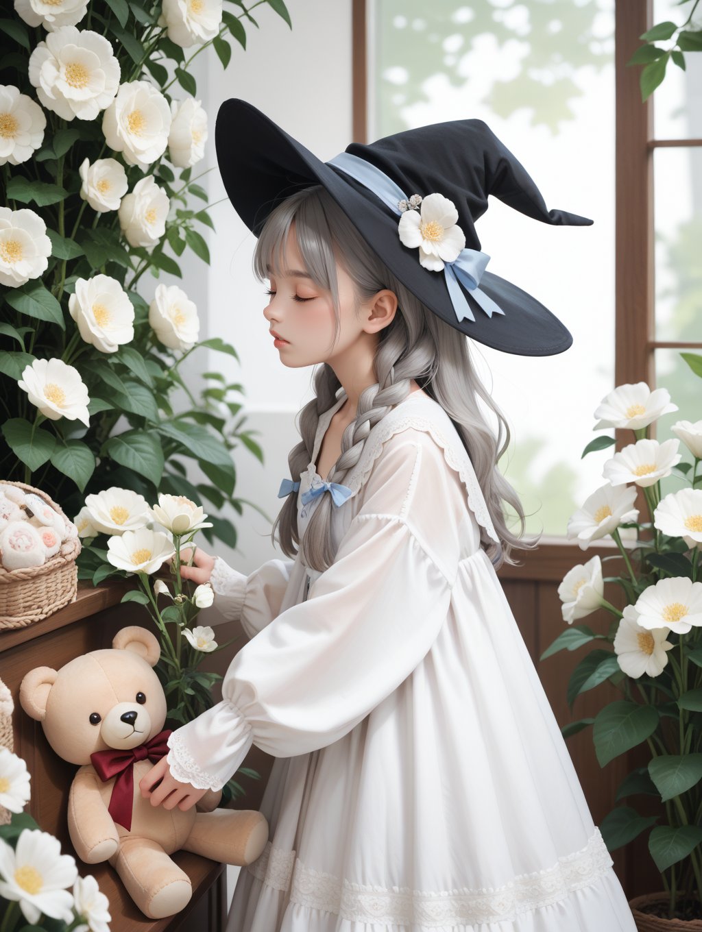 score_9, score_8_up, score_7_up,
1girl, :o, ahoge, braid, closed eyes, dress, flower, from side, grey hair, hair flower, hair ornament, hat, long hair, parted lips, petals, solo, standing, stuffed animal, stuffed panda, stuffed toy, teddy bear, very long hair, white flower, witch hat,