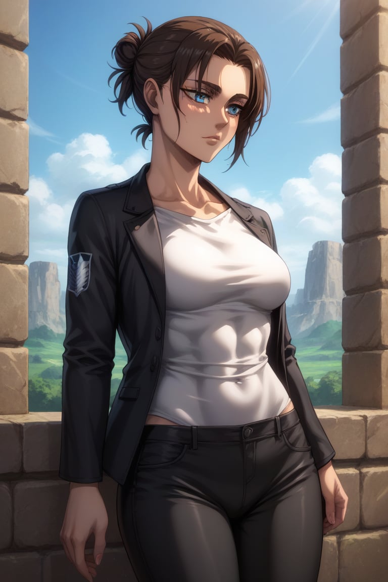 (HD) , ( Eldia background) , (eren_yeager_s4,blue eyes,brown hair,short hair,hair bun,single hair bun, source_, score_8_up,score_9, score_7_up, medium breasts , hips,, grey t-shirt, black jacket, black pants, sexy, genderbendswap,solo,1woman.