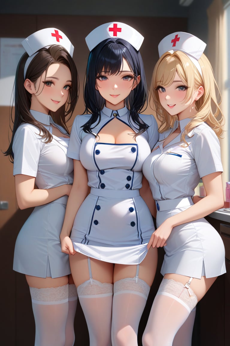 masterpiece, best quality, extremely detailed, 3girls,adult,nurse,glamor,white nurse uniform,miniskirt,nurse cap,white lace panty,white lace stocking,garter,pumps,angelic smile,standing side by side,(((skirt_lift))),cowboy＿shot,,