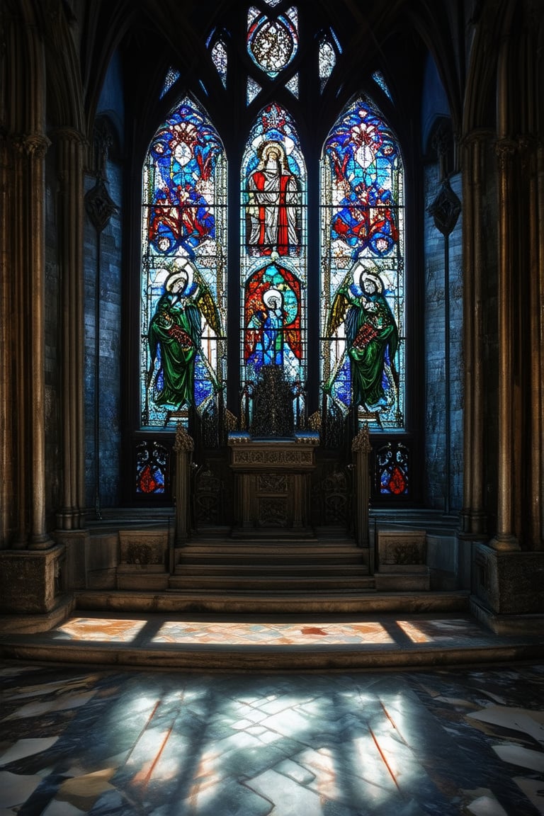 In a dimly lit Gothic-inspired cathedral, a stunning stained glass window dominates the wall behind a majestic stone altar. Vibrant hues of blue, red, and green dance across intricate patterns of saints and mythical creatures, casting kaleidoscopic shadows on the polished marble floor.