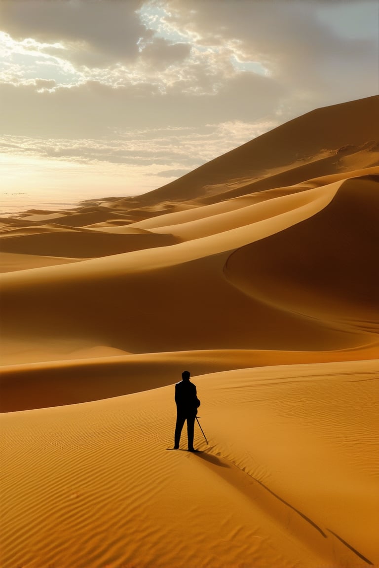 A golden desert landscape with sand dunes stretching towards a hazy horizon, warm sunlight casting long shadows across the arid terrain. A lone figure stands at the crest of a dune, silhouetted against the vibrant orange sky, with a staff in hand and a determined gaze.