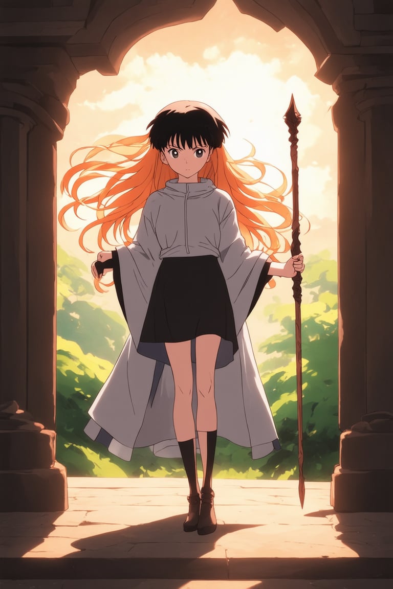 A vibrant illustration of Kagome from Naruto anime series, framed within a warm-toned rectangle with subtle gradient effects. Kagome stands confidently, her long orange hair flowing gently in the breeze. Her eyes shine bright, surrounded by intricate eyeliner designs, as she holds a staff-like object at her side. The background features lush greenery and ancient architecture, evoking a sense of mysticism.