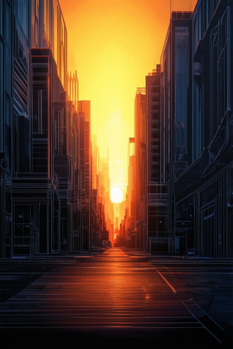 A futuristic cityscape at dusk, captured in a line art style reminiscent of SketchUp. The sun sets behind towering skyscrapers, their silhouettes stark against a fiery orange sky. Neon lights flicker to life along the city streets, casting a futuristic glow on the pavement.