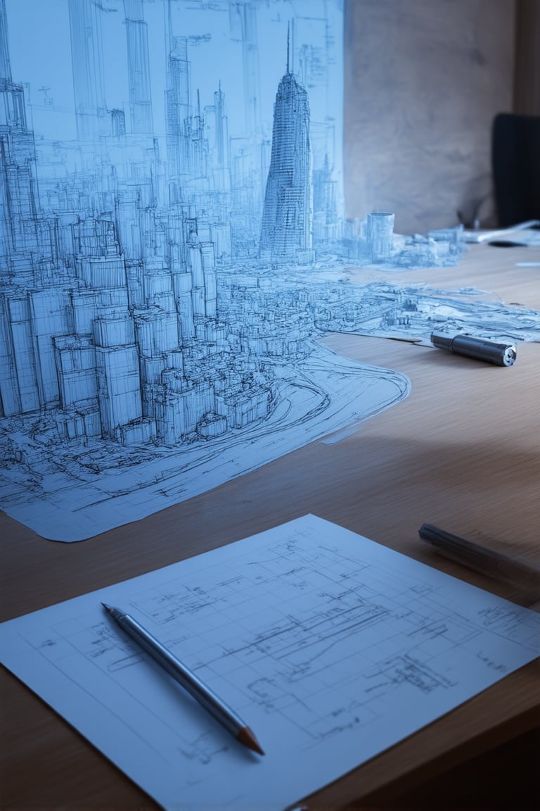 A futuristic architect's workspace, illuminated by a soft blue glow, reveals a blueprint sketch on a large wooden desk. The sketch depicts a sleek, modern cityscape with towering skyscrapers and winding roads. A mechanical pencil lies beside the paper, surrounded by scattered measurements and notes, as if the architect was in the midst of designing the urban landscape. The overall atmosphere is one of innovation and creation.