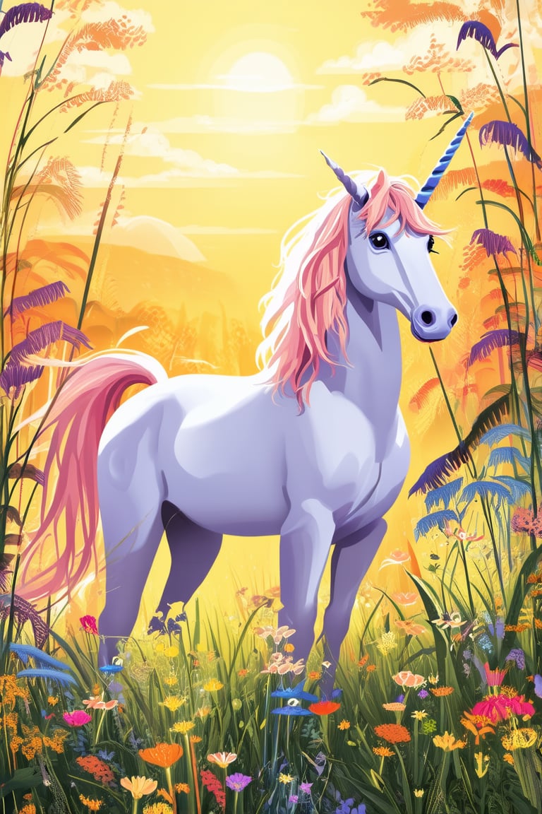 A vibrant 2D illustration art piece showcasing a whimsical scene of a majestic unicorn standing proudly in a lush meadow, surrounded by colorful wildflowers and tall grasses. The unicorn's shimmering horn and flowing mane are the focal points, set against a warm sunset backdrop with soft, golden lighting.