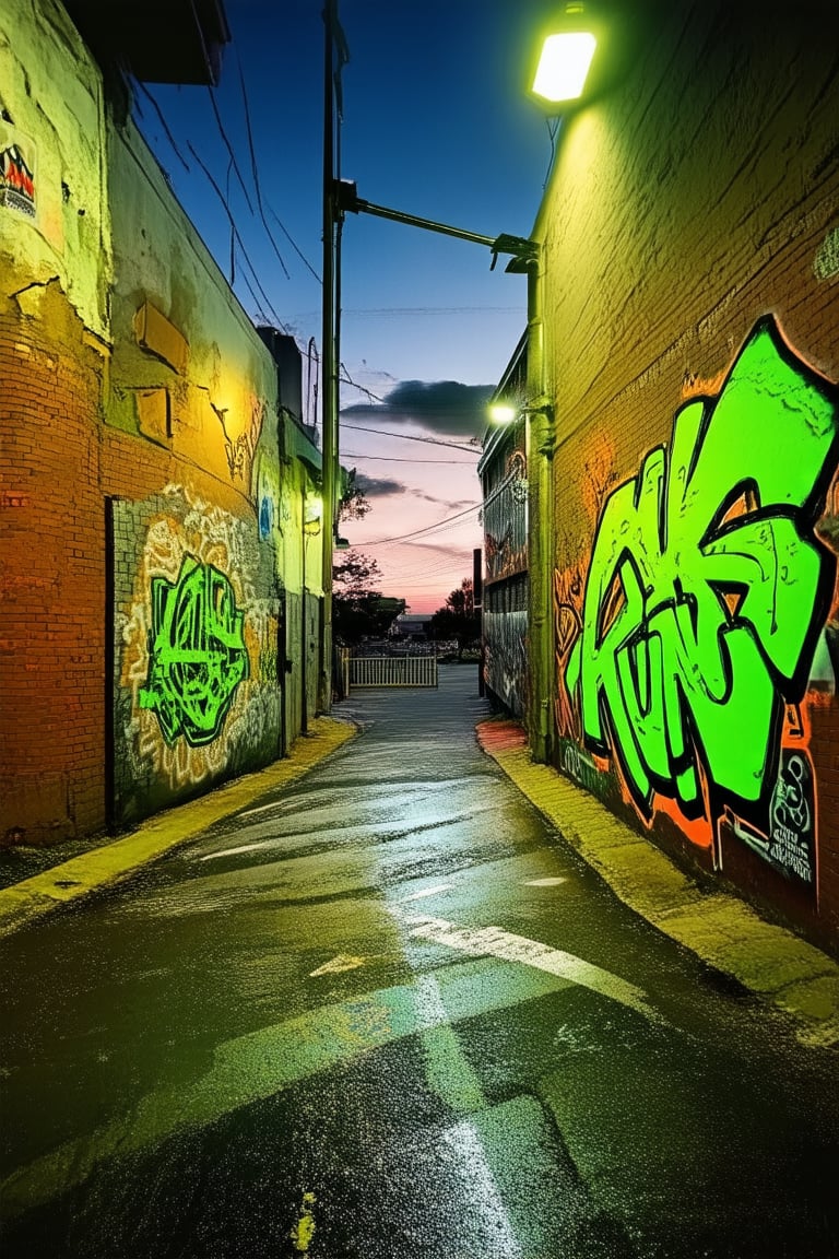 Urban alleyway at dusk, vibrant graffiti artwork by 'Kun' dominates a brick wall, bold colors and stylized characters sprawl across the concrete canvas. The artist's signature tag, 'Kun', is prominently displayed in neon green, surrounded by swirling shapes and abstract patterns. Neon lights from nearby streetlights reflect off the wet asphalt, casting a moody glow.