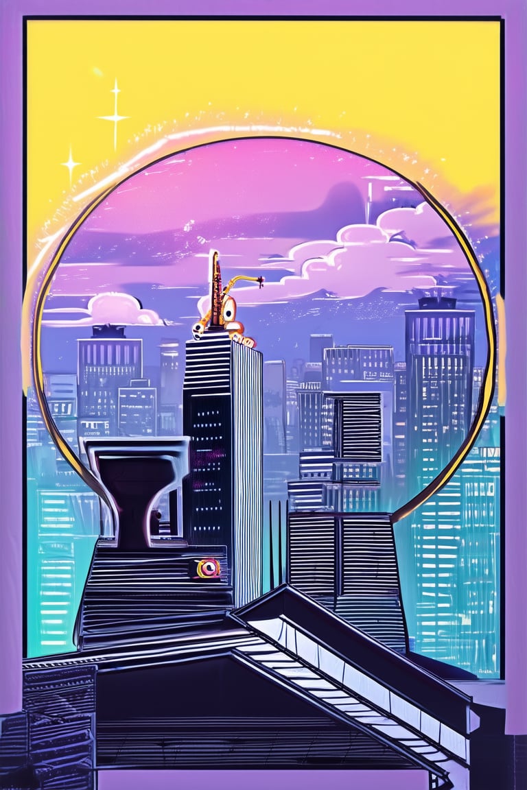 Whimsical illustration featuring a stylized cityscape at dusk, with bold lines and vibrant colors. A futuristic skyscraper rises in the background, while a cartoonish robot plays a saxophone on a rooftop, surrounded by wispy clouds and twinkling stars. The composition is framed by a circular border, with the lines and shapes blending seamlessly to create a dreamlike atmosphere.