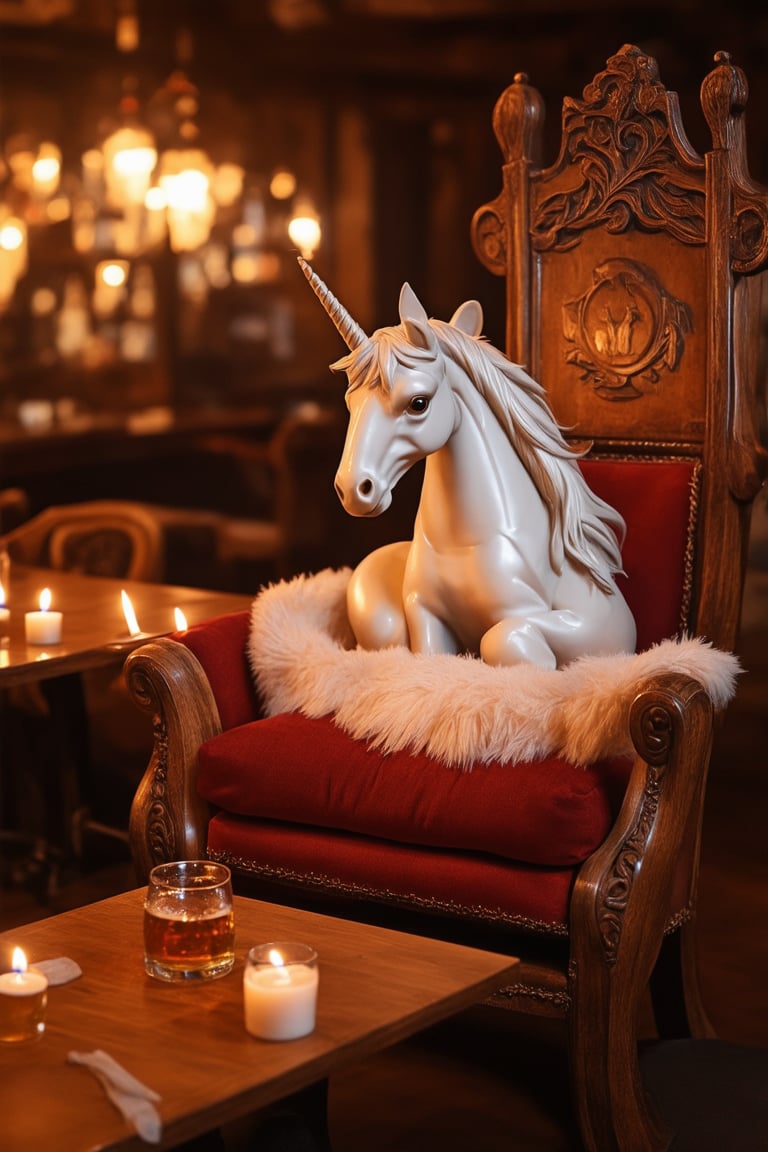 A whimsical tavern scene: A dimly lit, rustic pub is bathed in a warm, golden light emanating from candles and lanterns. Rich, wooden tables and chairs are scattered throughout the room, adorned with intricate carvings and plush cushions. In the center, a majestic unicorn sits regally on a throne-like chair, its shimmering coat catching the soft glow as it sips a foamy ale from a gleaming mug.