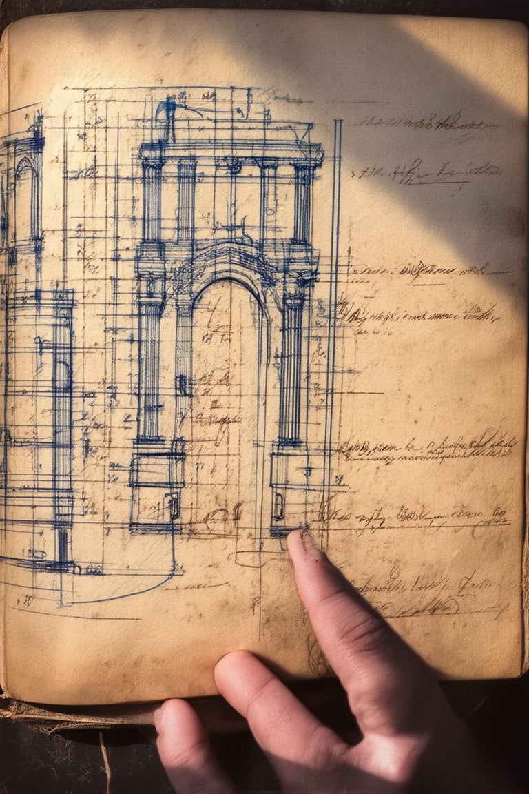 A blueprint sketch: A close-up shot of a worn leather-bound book cover with intricate blueprints of architectural designs and scribbled notes on yellowed paper. Soft, warm lighting highlights the creases and scratches, while a faint shadow falls across the page, as if the architect's hand once rested there.