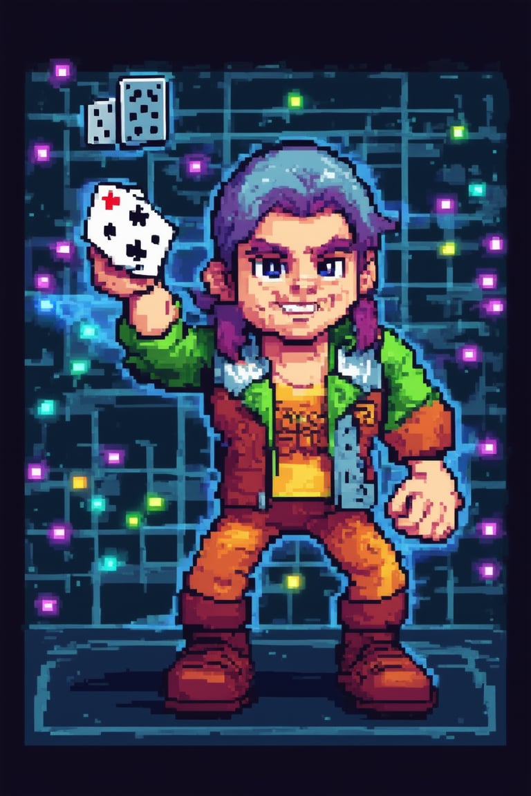 Close-up shot of a retro-style pixel art character surrounded by a grid of bright, neon-colored pixels on a dark blue background. The character's bold, blocky features and vibrant colors pop against the darkness. In this 'All-In' moment, the pixelated hero holds a pair of dice in one hand and a deck of cards in the other, ready to take risks and make bold moves.