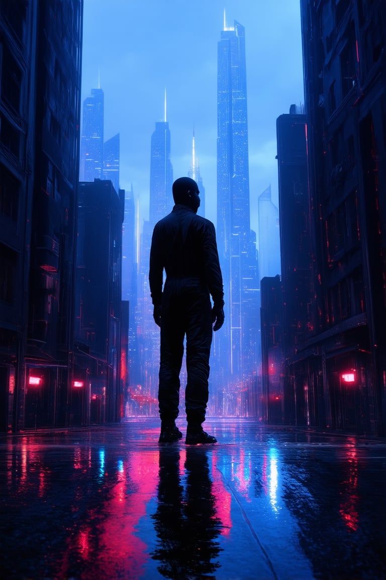 A futuristic cityscape at dusk, with neon lights reflecting off wet pavement. A lone figure in a sleek black jumpsuit stands atop a skyscraper, backlit by an intense blue glow emanating from the city's core. The surrounding buildings are a deep shade of indigo, with strobing red warning lights piercing through the darkness.