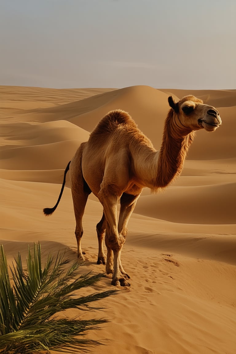 A majestic camel stands tall in the golden desert landscape, its sandy dunes stretching out as far as the eye can see. The warm sunlight casts a glow on the camel's tawny fur, while a gentle breeze rustles the palm fronds and cacti in the foreground. The camera captures the serene scene from a low angle, emphasizing the vast expanse of golden sand and sky.