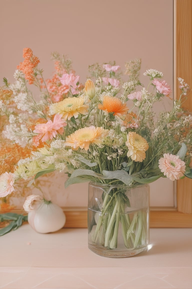 A serene still life setup: A bouquet of freshly picked flowers, their petals soft and delicate, against a warm floral background. The gentle hues of pink, yellow, and orange bloom softly, creating a cozy atmosphere. The arrangement is framed by a subtle wooden edge, adding depth and texture to the scene.