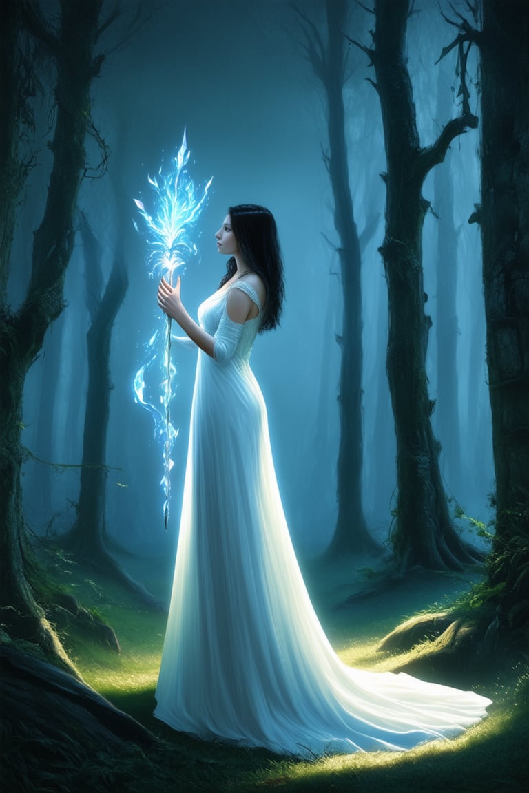 A mystical forest glows with an otherworldly light, as a young woman in a flowing white gown stands amidst ancient trees, her hands grasping a glowing crystal staff. The air is thick with swirling mist and vines, while the atmosphere pulsates with an eerie magic.