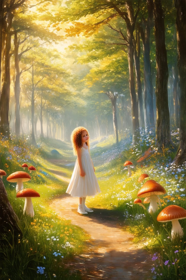 A whimsical forest glade bathed in warm golden light, where a young girl with wild curly hair and a flowing white dress stands amidst a tapestry of vibrant flowers and towering trees. Softly glowing mushrooms dot the landscape, as if infused with a gentle magic. The composition is framed by a winding path, guiding the viewer's eye to the enchanting subject.