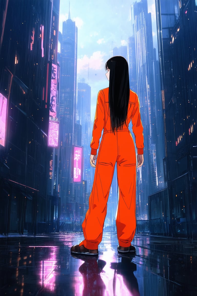 A futuristic cityscape at dusk, with sleek skyscrapers and neon lights reflecting off wet pavement. Kaghi, a young anime enthusiast, stands in the foreground, dressed in a vibrant orange jumpsuit, her long black hair flowing behind her as she gazes up at a giant screen displaying her favorite manga series.