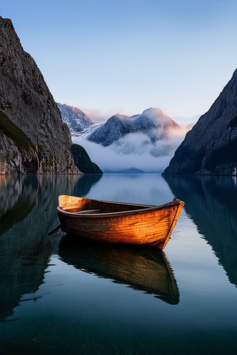 A serene Norwegian fjord at dawn, with misty mountains rising from the still water's edge. A wooden boat, weathered to a warm golden brown, is gently moored to a rocky outcropping. The soft morning light casts a peaceful glow on the tranquil scene, as if time itself has been frozen.