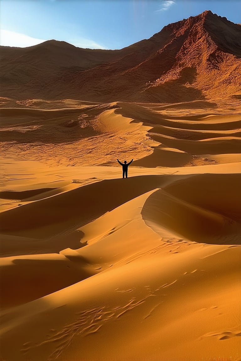 A majestic golden sand dune stretches across the arid desert landscape, sunlight casting a warm glow on the undulating hills of rust-colored sand. A lone figure stands atop the highest peak, silhouetted against the brilliant blue sky, arms outstretched in triumph as the vast expanse of golden sand unfolds before them.