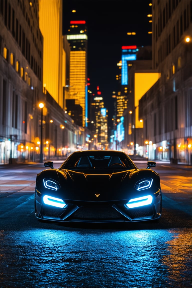 A high-energy, neon-lit cityscape at night, with a sleek, black sports car, 'Pixel', parked in front of a giant LED screen displaying a mesmerizing digital art installation. The car's bold design and bright headlights are reflected in the screen's vibrant colors, while the surrounding cityscape is bathed in a warm, yellow-orange glow from streetlights and building LEDs.