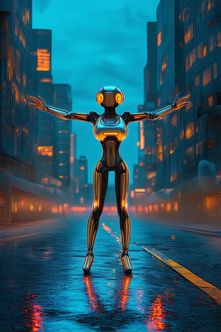 A futuristic cityscape at dusk, with neon lights reflecting off wet pavement. A robotic dancer stands center frame, arms outstretched and glowing LED lights tracing her movements. The urban landscape fades into a hazy blue background, with towering skyscrapers looming in the distance. The dancer's metallic body glistens under the artificial lighting.