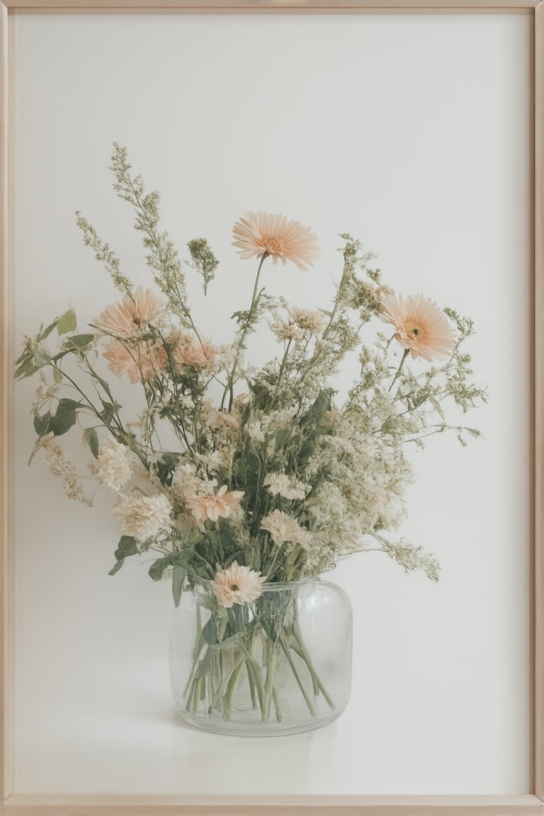 A serene still life setup features a delicate bouquet of mixed flowers, set against a soft, creamy white background. The arrangement is centered, with stems and petals artfully arranged to create a sense of depth. Warm, gentle lighting illuminates the scene, casting a subtle glow on the flower's textures. A shallow focus draws attention to the blooms, while a clean, minimalist border around the frame adds a touch of sophistication.