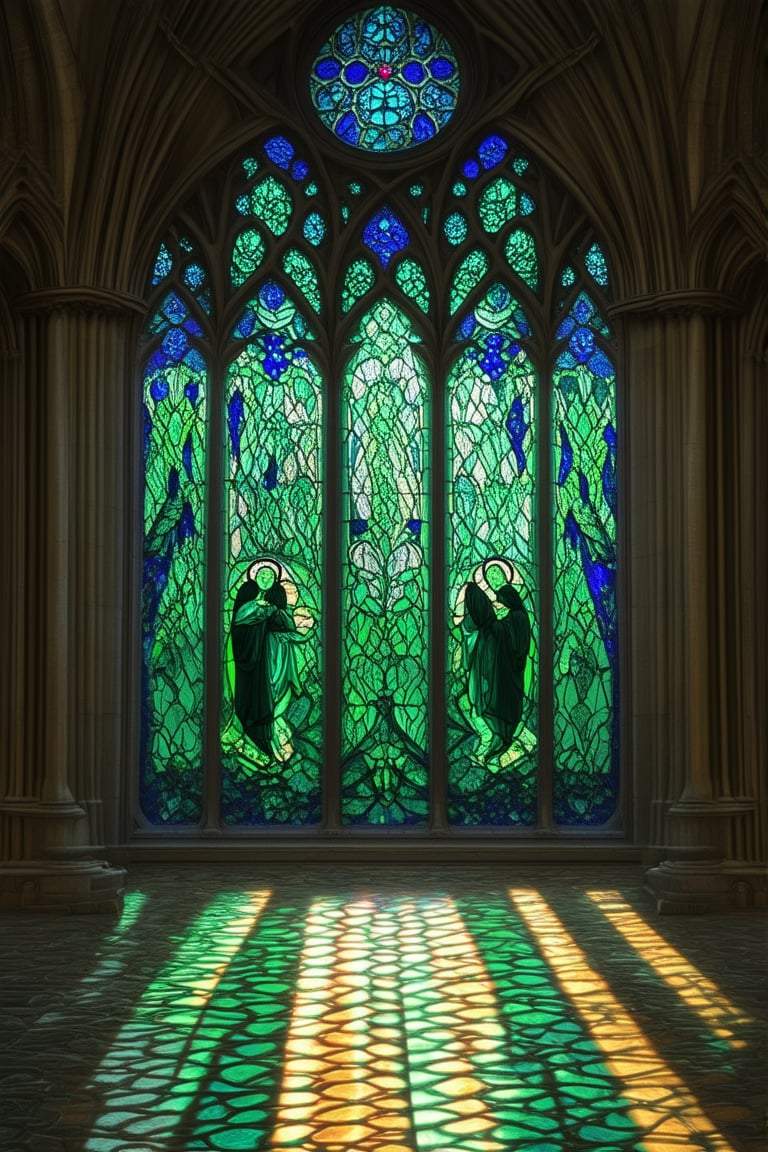 A majestic stained glass window radiates vibrant colors against a dimly lit Gothic cathedral's interior. Delicate patterns of emerald green and sapphire blue swirl together in intricate design, casting kaleidoscopic shadows on the stone floor. Golden light pours through the panes, illuminating a procession of saints and angels suspended mid-flight, their ethereal forms bathed in an otherworldly glow.