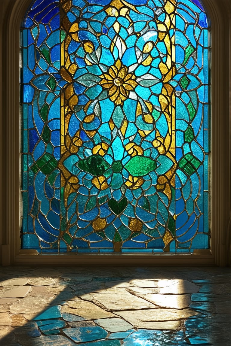 Vibrant stained glass window: intricately cut glass pieces in shades of blue, green, and gold refract sunlight, casting kaleidoscopic patterns on the adjacent stone floor. Faintly glowing, ethereal figures dance across the panes, suspended amidst swirling floral motifs and delicate filigree.