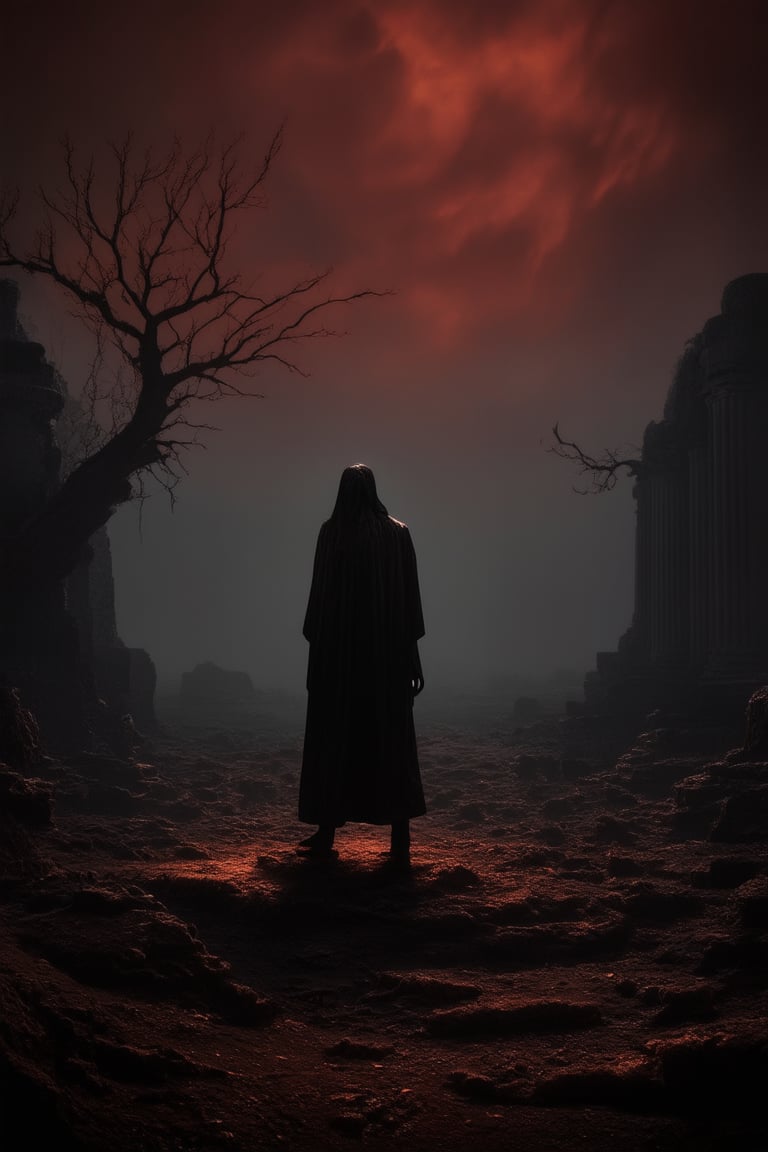 A hauntingly dark landscape unfolds as a lone figure stands at the edge of a foreboding abyss, shrouded in an eerie mist. The sky above is a deep, fiery crimson, with twisted tree branches reaching towards it like skeletal fingers. In the distance, a faint glow emanates from ancient ruins, casting long shadows across the desolate terrain.