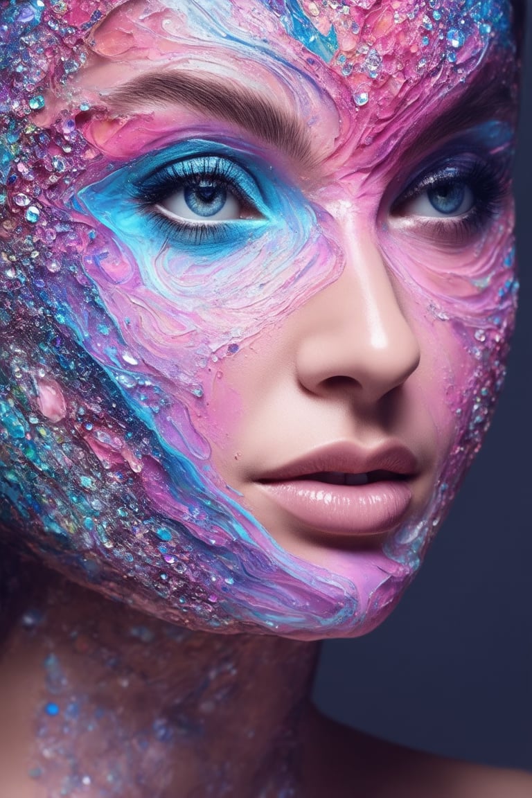 A close-up shot of a vibrant, 3D rendered face with intricate details and textures. Soft, pastel pink and blue hues swirl together to create a mesmerizing gradient across the cheekbones, nose, and lips. The eyes sparkle like shimmering jewels, surrounded by delicate, swirling patterns that evoke the whimsy of a stained glass window. The overall effect is one of playful, technicolor wonder.