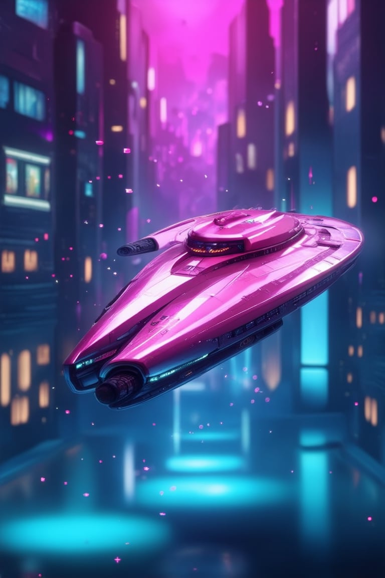 Vibrant pink hues fill a futuristic 3D environment, with neon-lit cityscapes and swirling digital particles suspended in mid-air. A sleek, metallic spaceship descends from the top of the frame, its rose-colored hull glistening under spotlights that cast an otherworldly glow.