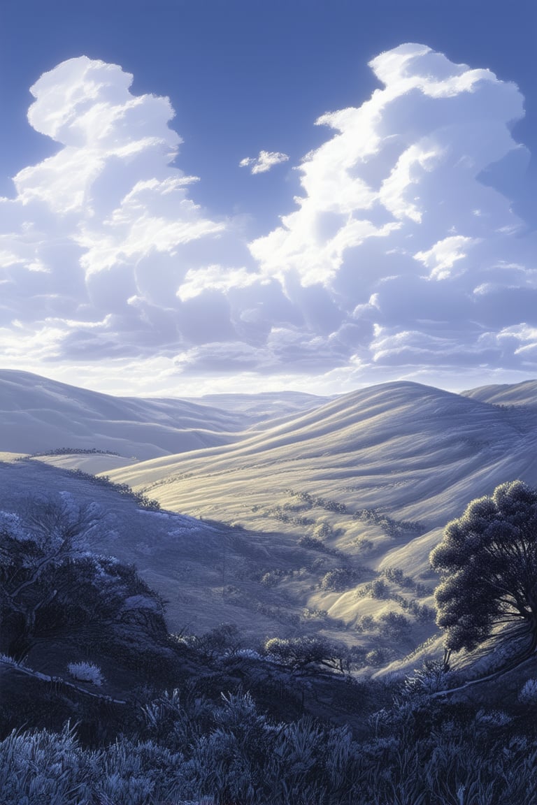 A majestic blue sky stretches above a serene landscape, with wispy clouds drifting lazily across the horizon. The atmosphere is tranquil, with warm sunlight casting a gentle glow on the rolling hills and verdant trees in the foreground.