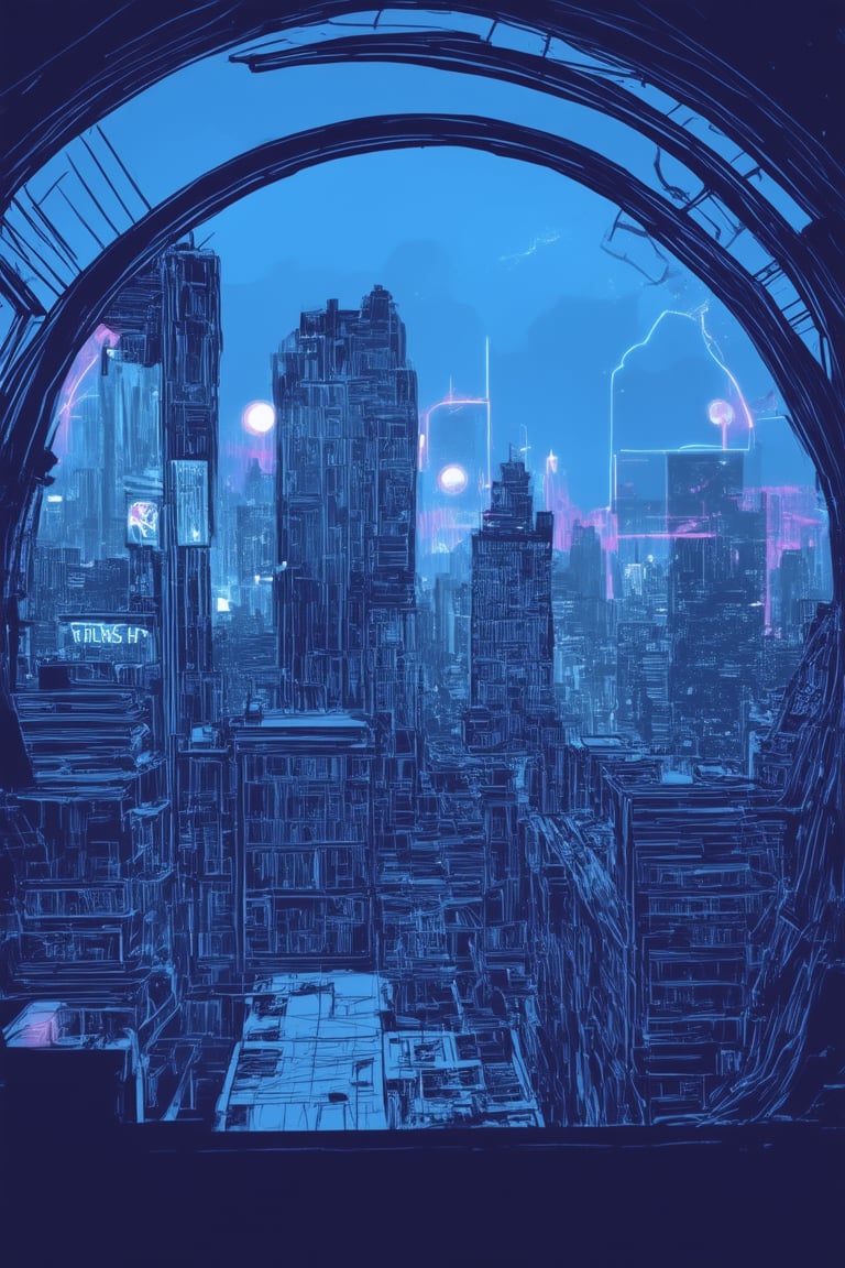 Create a line art illustration of a futuristic cityscape at dusk. The scene is framed by a sweeping arc of skyscrapers, with neon lights and holographic advertisements casting a vibrant glow. A lone figure stands atop a skyscraper's rooftop, gazing out at the city's sprawling landscape. The composition features bold lines and geometric shapes, with deep blues and purples dominating the color palette.