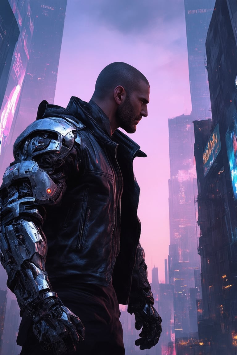 A gritty cyberpunk scene: A futuristic cityscape at dusk, with neon-lit skyscrapers and holographic advertisements piercing the smog-filled air. In the foreground, a rugged cyborg, Boom, stands tall, his metallic arm flexed as he gazes out at the city's underbelly, a fusion of human and machine reflected in his worn leather jacket and gritty determination.