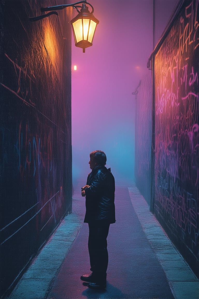 A dimly lit alleyway in a misty London night, the walls covered in vibrant graffiti. A lone figure, shrouded in shadows, whispers secrets to a brick wall as a flickering streetlight casts an eerie glow. The air is thick with mystery, as if Banksy himself lurks just out of frame, leaving behind only his enigmatic art and cryptic clues.Gradient World