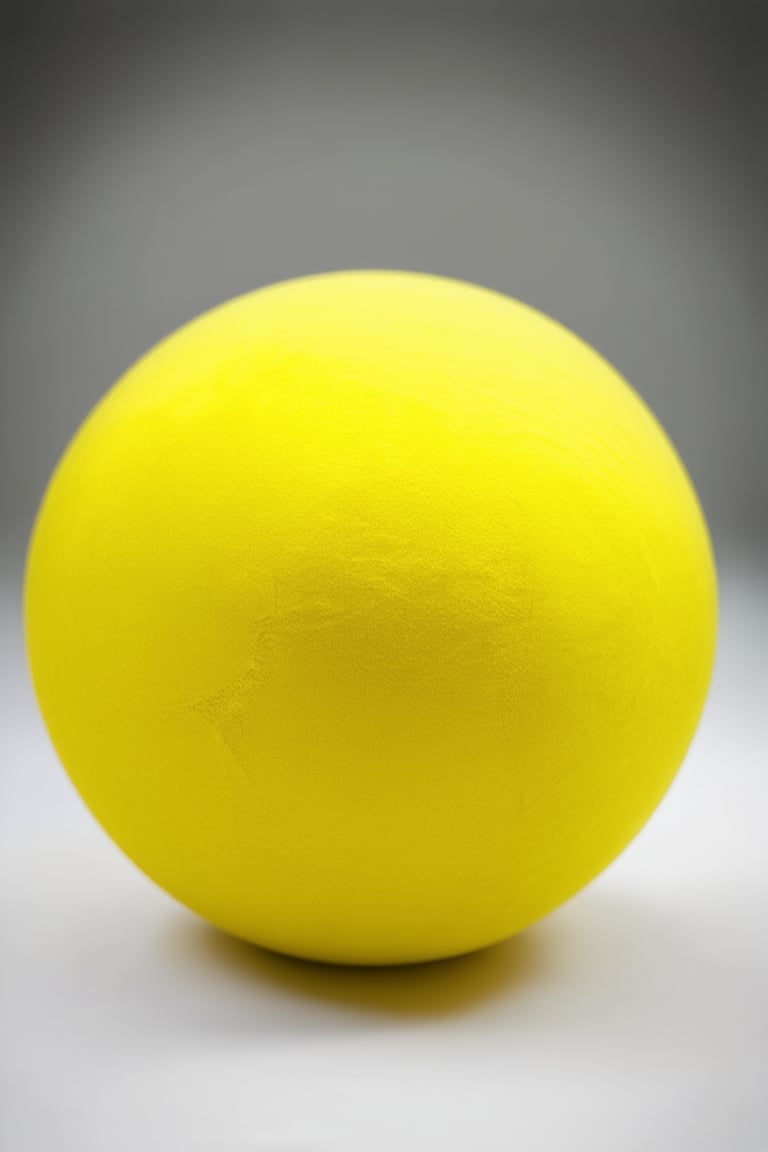 Close-up shot of a vibrant yellow ball sitting on a white background. Soft natural light casts a warm glow, highlighting the texture and subtle imperfections on the ball's surface. The composition is simple yet striking, with negative space around the object to emphasize its bright hue.