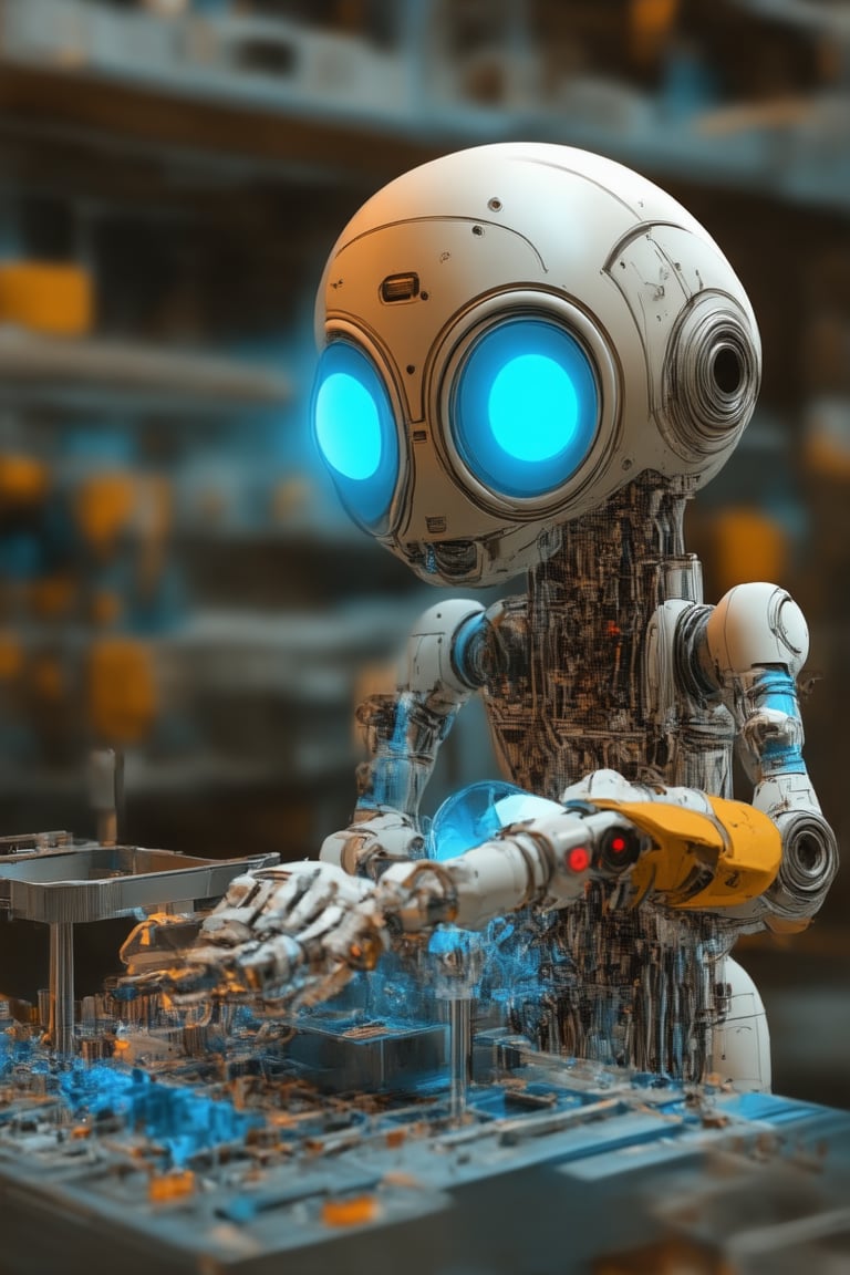 A futuristic laboratory scene: A robot, 'Metalix', stands in a sleek, metallic enclosure amidst a whirlwind of gears, wires, and glowing blue circuits. Its shiny metal body glistens under intense, fluorescent lighting. Metalix's mechanical arm holds a mixing bowl as it expertly blends a concoction of colorful liquids, its LED eyes gleaming with precision. The background is a blurred laboratory landscape.