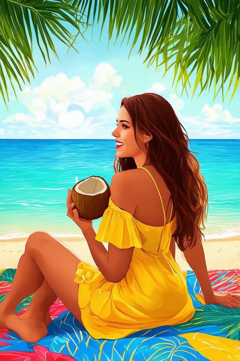 A warm sunset scene: a young woman in a yellow sundress, surrounded by lush greenery, sits on a colorful beach towel, gazing out at the turquoise ocean. She holds a coconut and a tropical flower, with a relaxed smile, as if savoring the carefree summer moment. The golden light of day's end casts a warm glow, highlighting the vibrant hues of the setting.