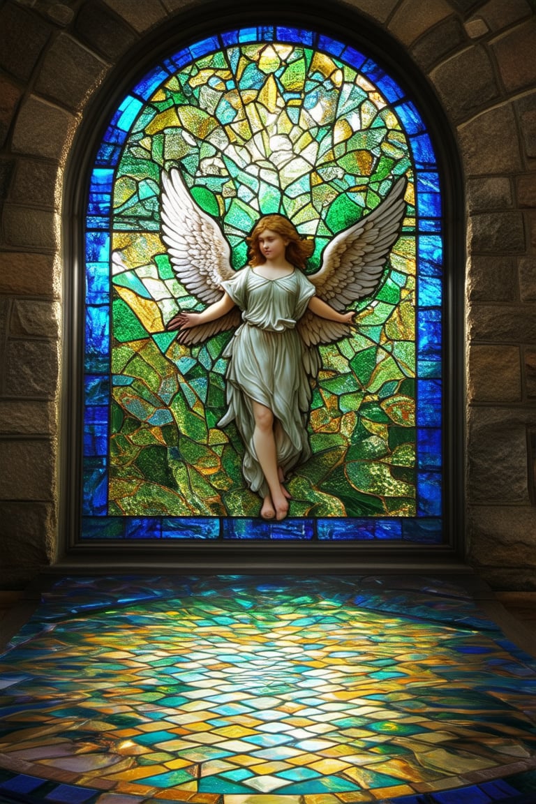 A majestic stained glass window glows with vibrant hues, set against a richly textured stone wall. Delicate panes of blue, green, and yellow refract light, casting kaleidoscopic patterns on the floor. A serene angelic figure emerges from the colorful tapestry, wings outstretched, as if about to take flight.