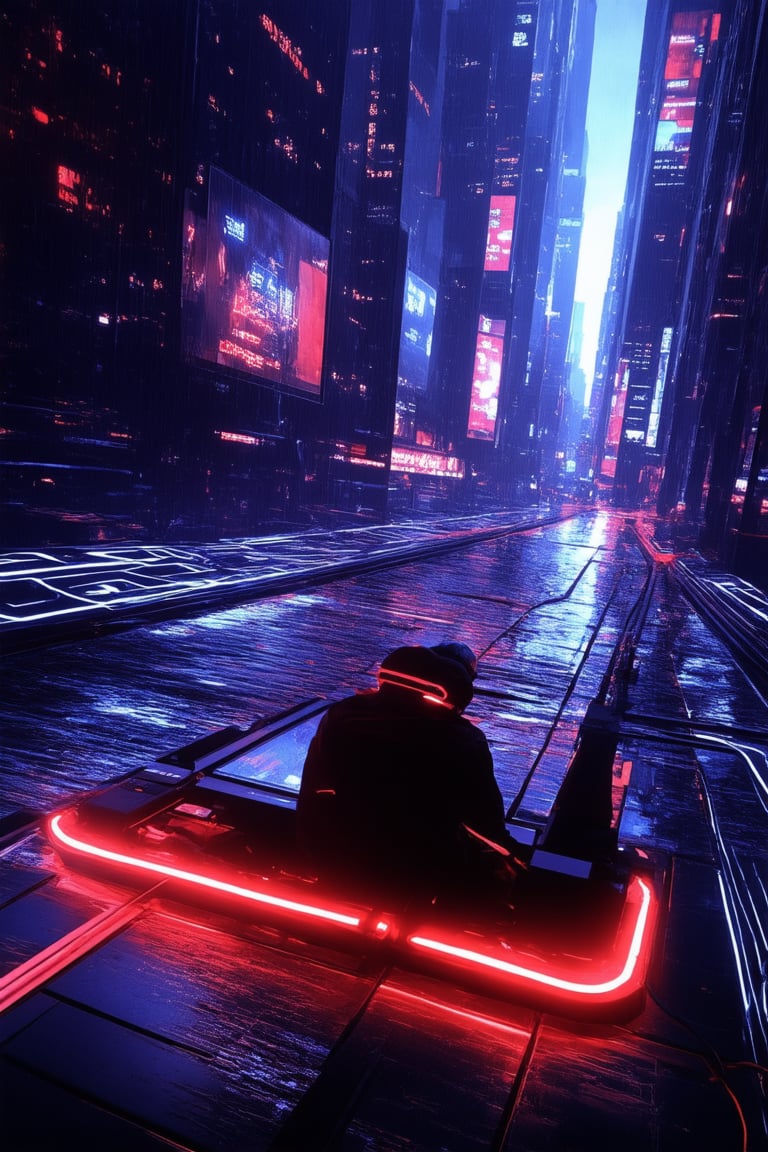 In a neon-drenched alleyway, a lone hacker sits amidst a sea of tangled wires and flickering screens. The cityscape behind them is a kaleidoscope of towering skyscrapers and holographic advertisements, bathed in the warm glow of sodium vapor lamps. The subject's face is obscured by a mirrored visor, their hands typing furiously on a worn-out cyberdeck as they navigate the darknet.