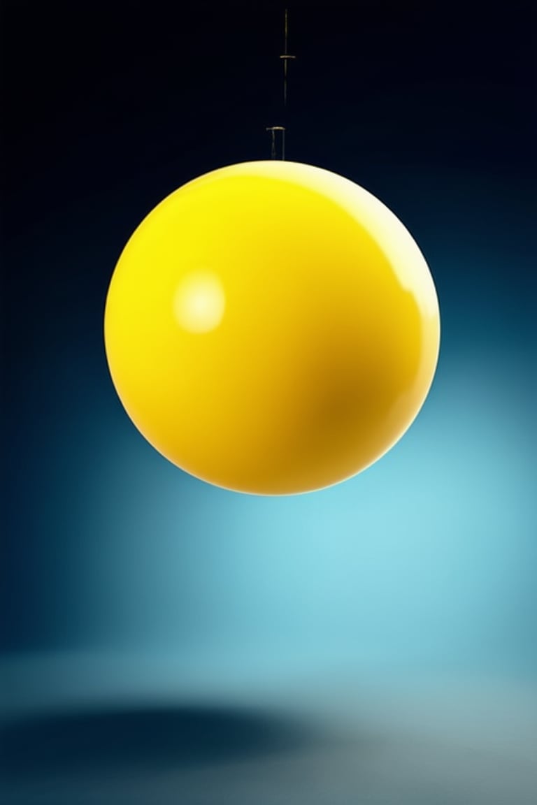 A close-up shot of a vibrant yellow sphere suspended in mid-air against a dark blue background, surrounded by subtle gradient highlights. The yellow hue is warm and inviting, evoking feelings of sunshine and optimism. The composition is simple yet striking, with the yellow sphere as the focal point.