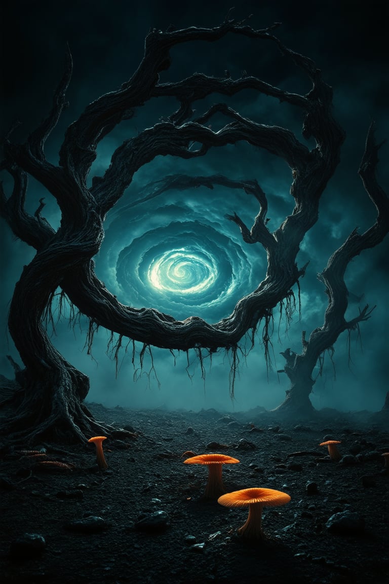 A hauntingly lit, darkside world emerges from a swirling vortex of shadowy mist, as if the very fabric of reality has torn apart to reveal a realm of eternal night. Twisted, gnarled trees stretch towards the foreboding sky like skeletal fingers, while the eerie glow of luminescent fungi casts an otherworldly sheen on the barren landscape.