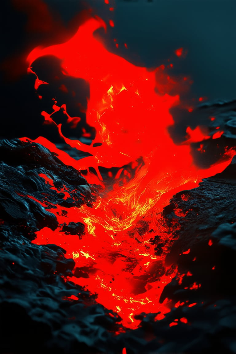 A fiery hue consumes the frame as a blaze of red engulfs the scene. The flames dance across the darkened canvas, casting an intense warmth on the subject's figure. The color is so bold it appears almost three-dimensional, like molten lava pouring forth from the very earth itself.