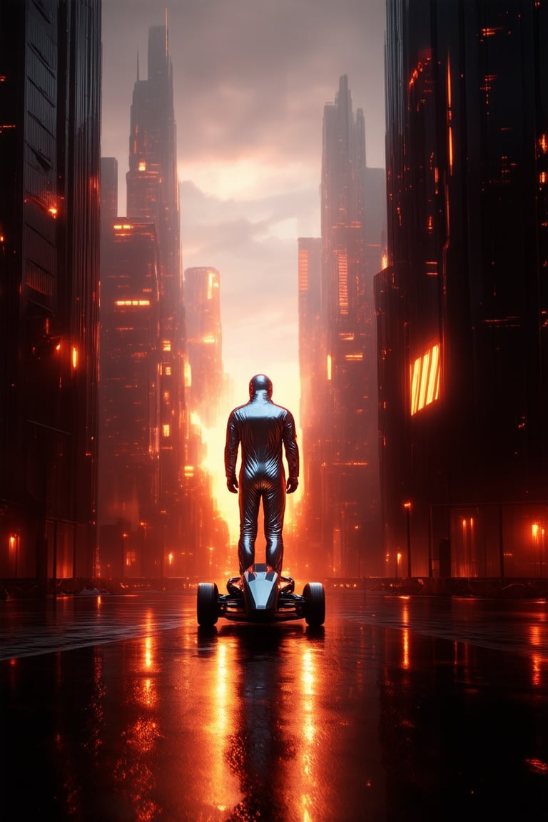 A futuristic cityscape at dusk, with neon-lit skyscrapers casting a warm glow on the wet pavement. A lone figure in a metallic jumpsuit stands atop a sleek hoverbike, illuminated by a spotlight's intense beam. The darkening sky is ablaze with crimson and orange hues, as a hovering drone surveys the scene from above.