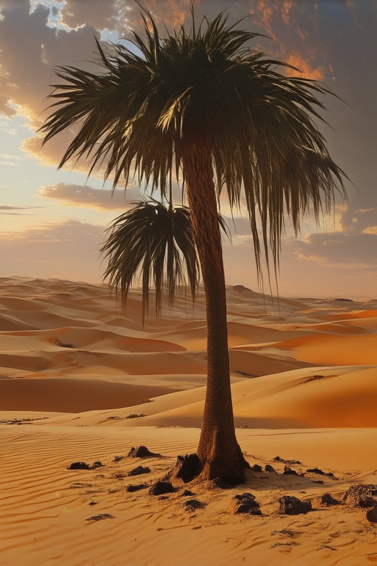 A breathtaking desert landscape at sunset: warm golden hues engulf towering sand dunes, as a majestic palm tree stands tall in the foreground, its slender trunk and feathery fronds silhouetted against the vibrant sky. Softly glowing rocks scattered across the sandy expanse.