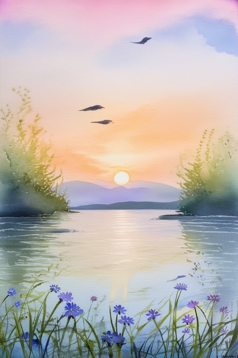 A delicate watercolor painting of a serene lake scene at dusk, with gentle ripples on the water's surface. Soft pink and orange hues dance across the sky as the sun dips below the horizon. A few wispy clouds drift lazily by, their edges feathered in soft blues. In the foreground, lush greenery and blooming flowers spill onto the shore.