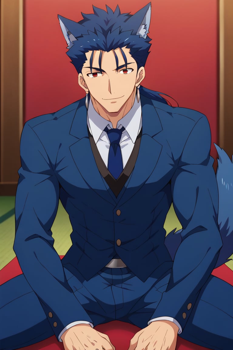 Cu Chulainn Blue Lancer a man dressed as a butler with wolf ears and a blue wolf dog tail with a good face, red eyes, a good body with little muscle and long blue hair with a ponytail at the nape of his neck and anime earrings with a mocking smile with a sexy pose sitting.