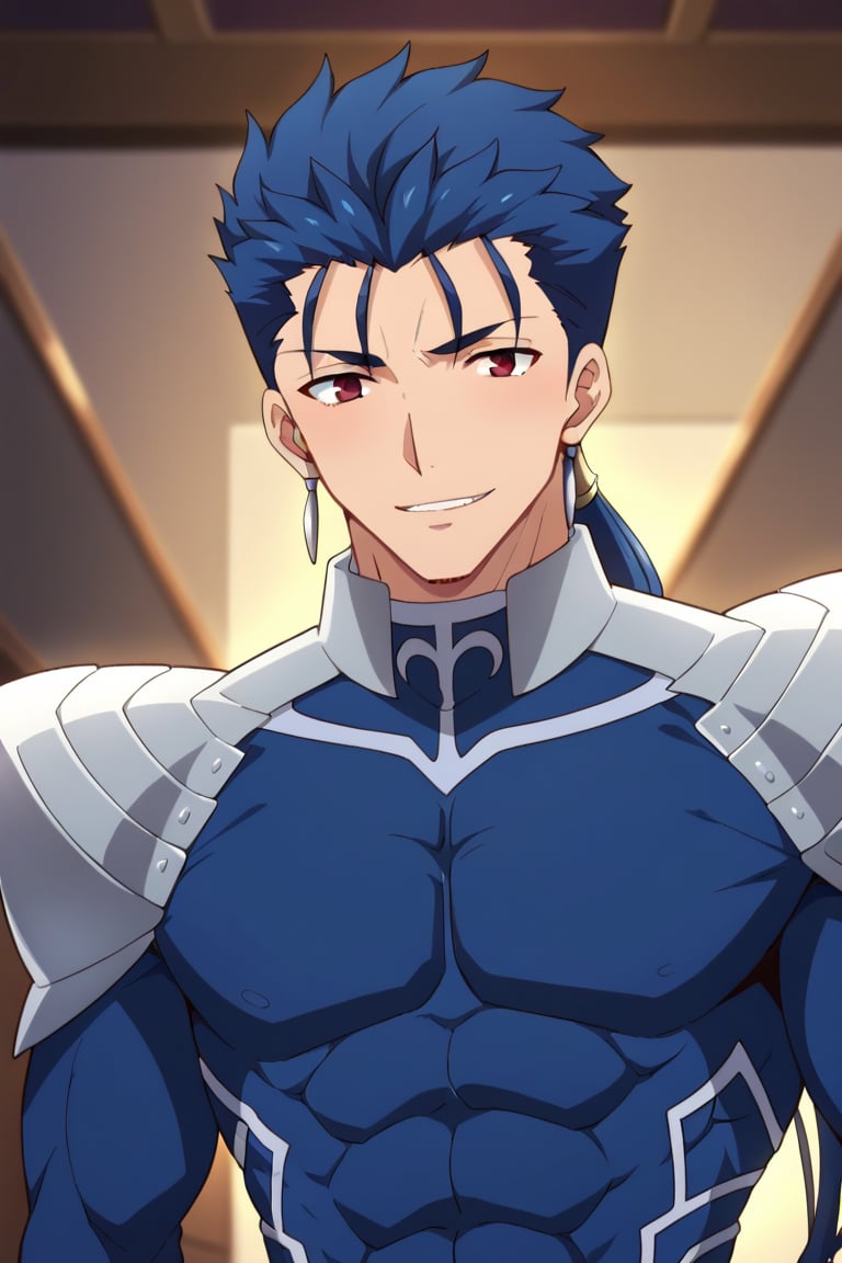 Cu Chulainn Blue Lancer a man dressed as a sexy wolf with a good face, red eyes, a good body with little muscle and long blue hair with a ponytail at the nape of his neck and anime earrings with an orgasmic smile with a sexy pose.