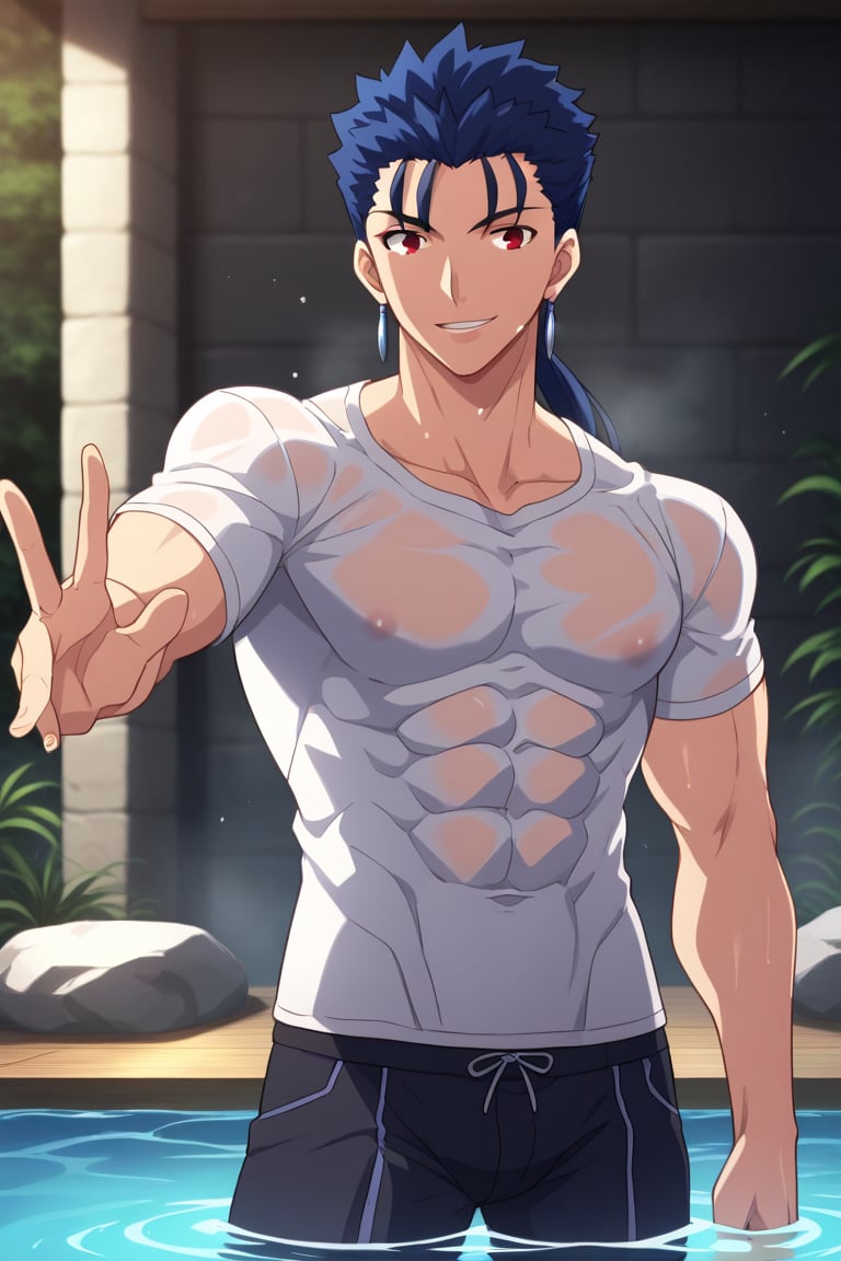 Cu Chulainn Blue Lancer a man in a white t-shirt and black pants with a good face, red eyes, a good body with little muscle and long blue hair with a ponytail at the nape of his neck and anime earrings with a flirtatious smile bathing in the sea making a sexy pose.