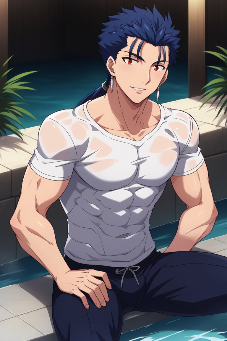 Cu Chulainn Blue Lancer a man in a white t-shirt and black pants with a good face, red eyes, a good body with little muscle and long blue hair with a ponytail at the nape of his neck and anime earrings with a flirtatious smile bathing in the sea doing a sexy pose sitting.